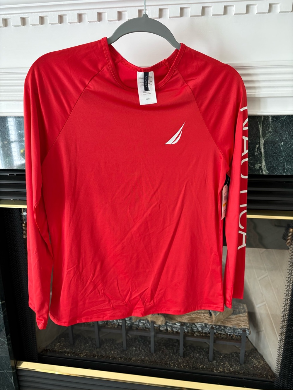Nautica Red Long-Sleeve Stretch Top with Logo Sleeve